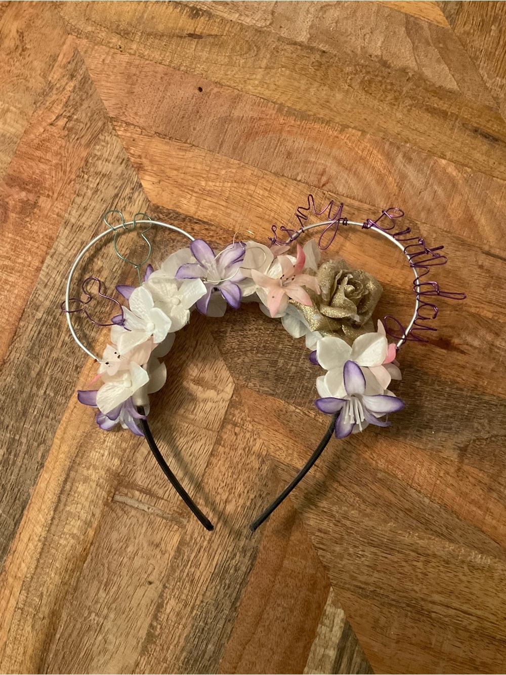 Custom It’s My Birthday Floral Purple & White Mickey Ears Headband